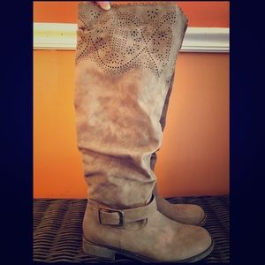 Tall Tan Cutout Buckle Boots